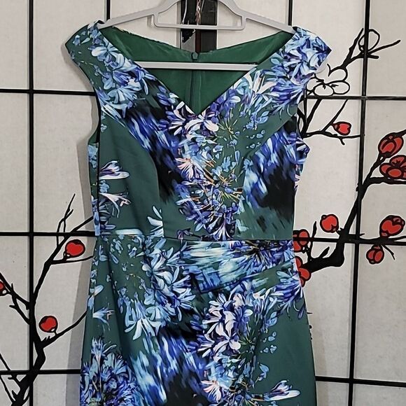 Karen Millen Womens Back Zip V Neck Floral Sheath Dress Green Blue Size 8 - Picture 4 of 11